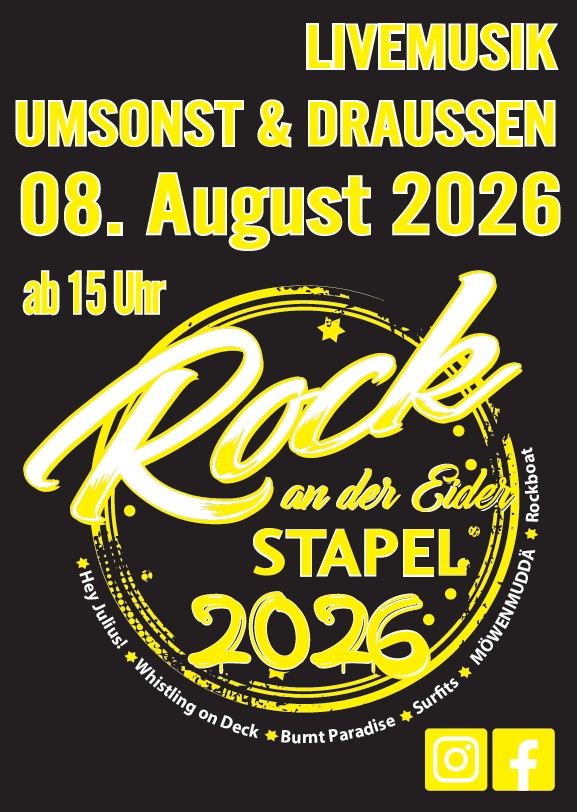 Flyer "Rock an der Eider", Livemusik umsonst & draußen. 08. August 2026 ab 15 Uhr